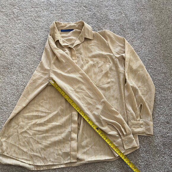 Yellow & White Striped Hidden Button Semi-Sheer Long Sleeve Career Blouse L - Picture 12 of 12